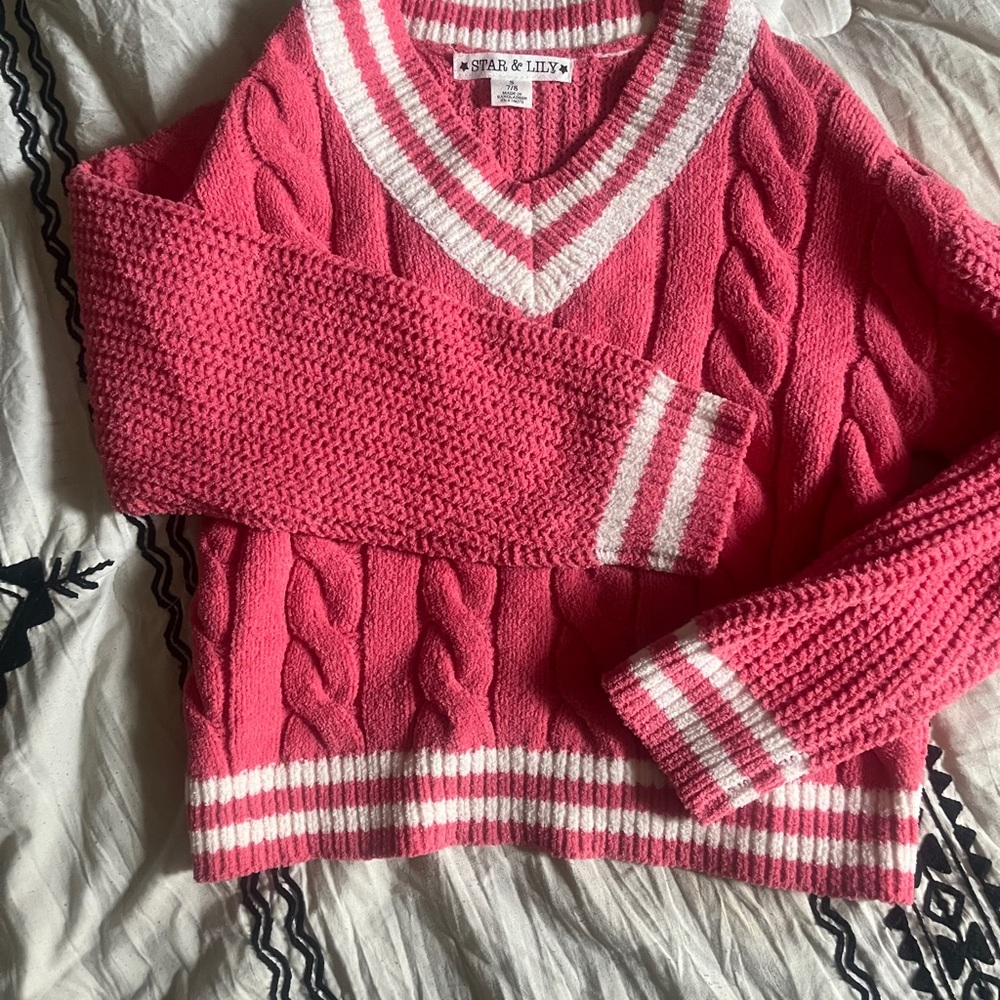STAR & LILY Kids' V-Neck Pink Cable Knit Sweater